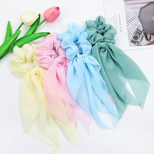 Miniatura 6 de Lawie Paquete de 8 lazos largos de gasa coloridos para el cabello, lazos de seda para niñas, bufandas para cabello grueso, soportes para cola de