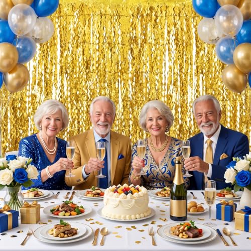 Image of TONIFUL 2Pcs Wavy Gold Metallic Tinsel Foil Fringe Curtain Laser Streamers | 3.3ftx6.6ft Photo Booth Backdrop Tinsel Streamer Curtain, Props for Bachelorette Birthday New Year Graduation Christmas Decor