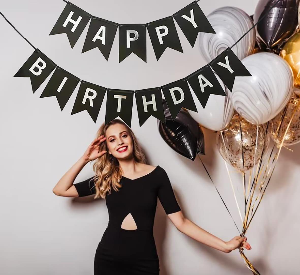 Runhiskii Cartel de feliz cumpleaños negro, letrero de feliz cumpleaños duradero con letras blancas plateadas para decoraciones de fiesta de cumpleaños