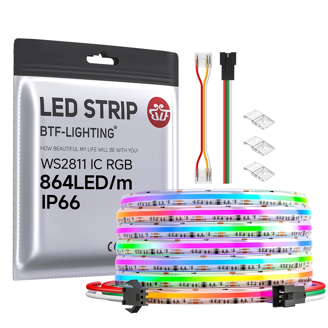 BTF-LIGHTING FCOB IP66 WS2811 IC RGB COB LED Strip 864LED/m Flexible High Density Color Chasing Uniform Light DC24V 16.4FT 24IC/m 12mm Width for Lighting Project(No Adapter or Controller)