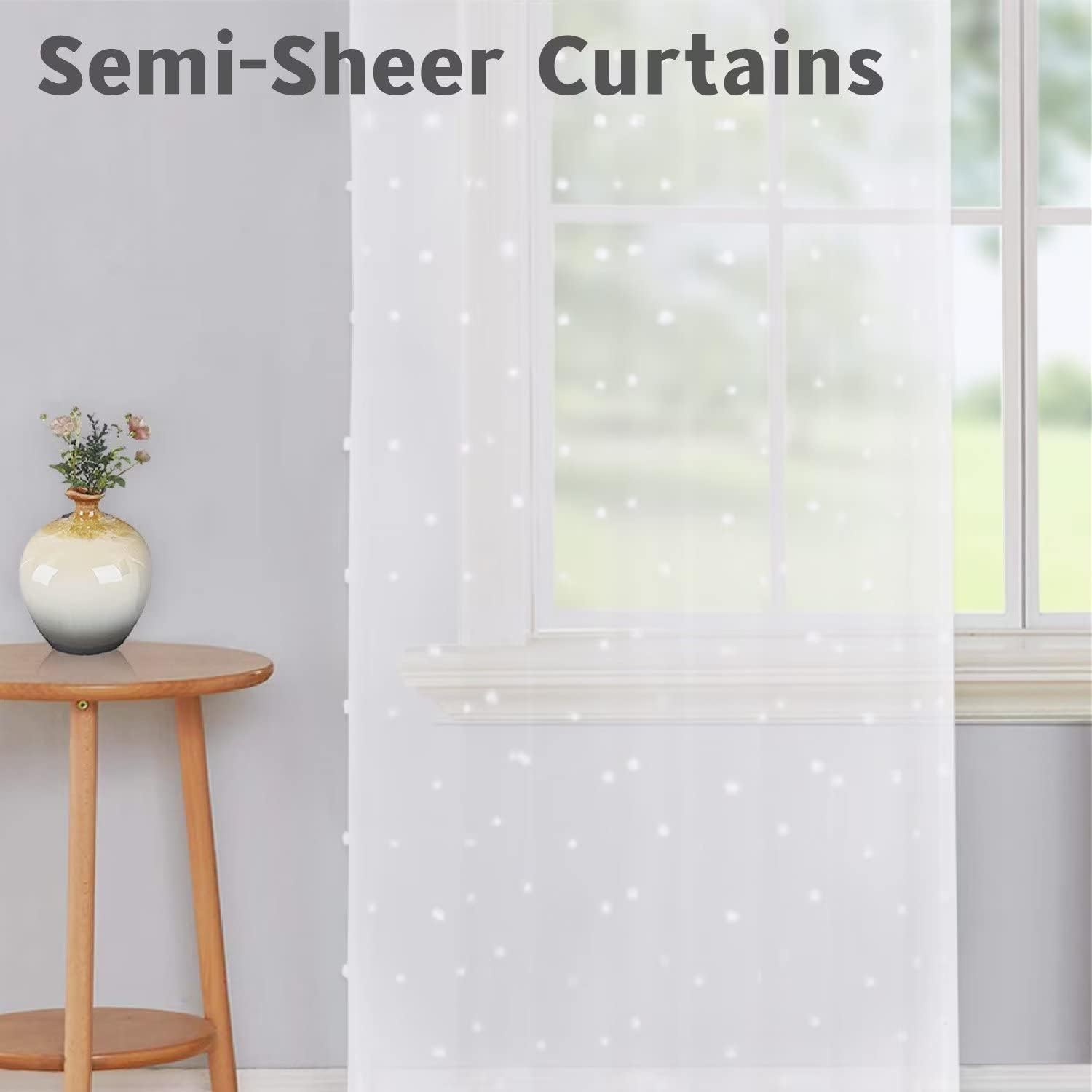 GlowSol White Pom Pom Sheer Curtains for Living Room Voile Sheer Curtains for Bedroom Nursery Girls Room Grommets Farmhouse Semi Sheer Drapes (White Pom, 52"×63")
