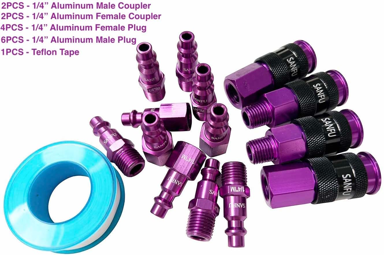 SANFU Air Hose Fittings, Aluminum AMT Universal Air Coupler and I/M Industrial Type Air Plug Kit, 1/4 Inch Threads Size, 1/4 Inch Body Size, 15 Pieces Air Compressor Accessories Fittings Kit(Purple)