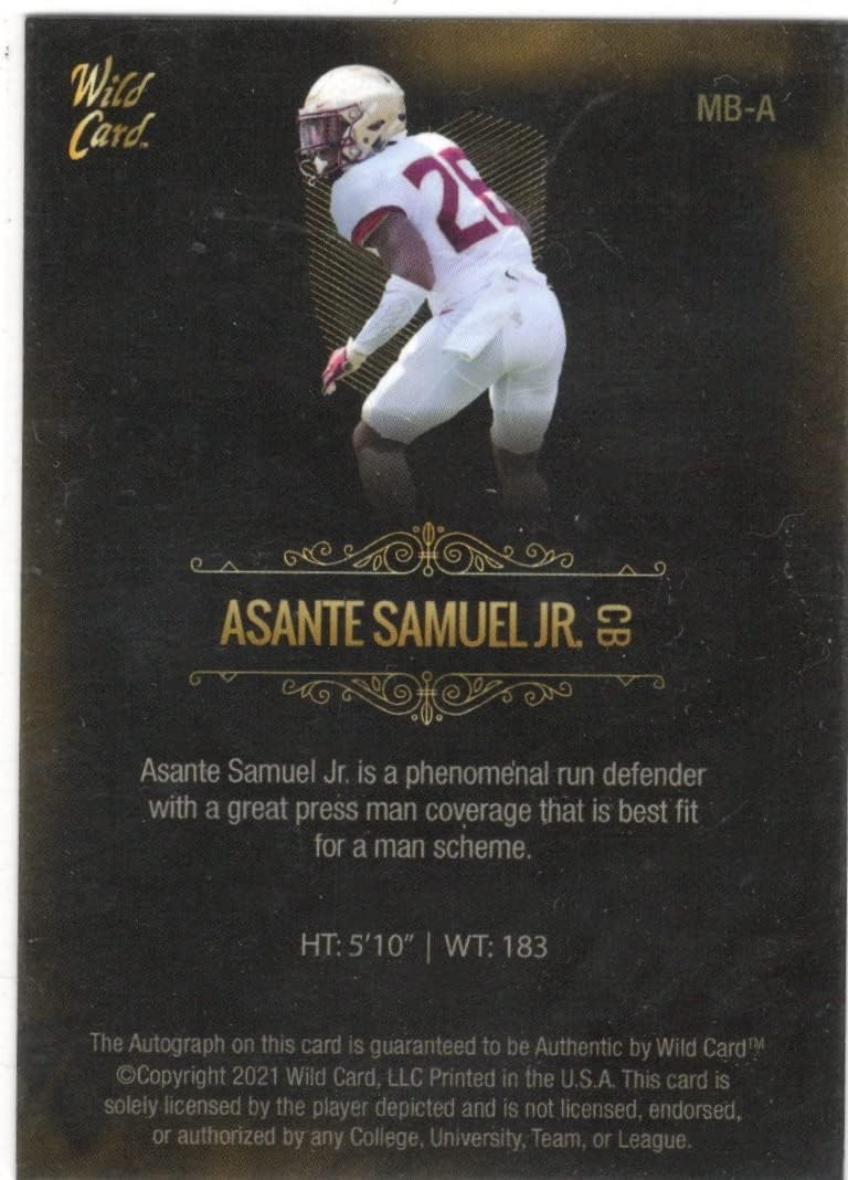 Asante Samuel Jr. Autographed Premier Collectible Football Card - 2021 Wild Card Matte Football Card #MB-A (Commanders)