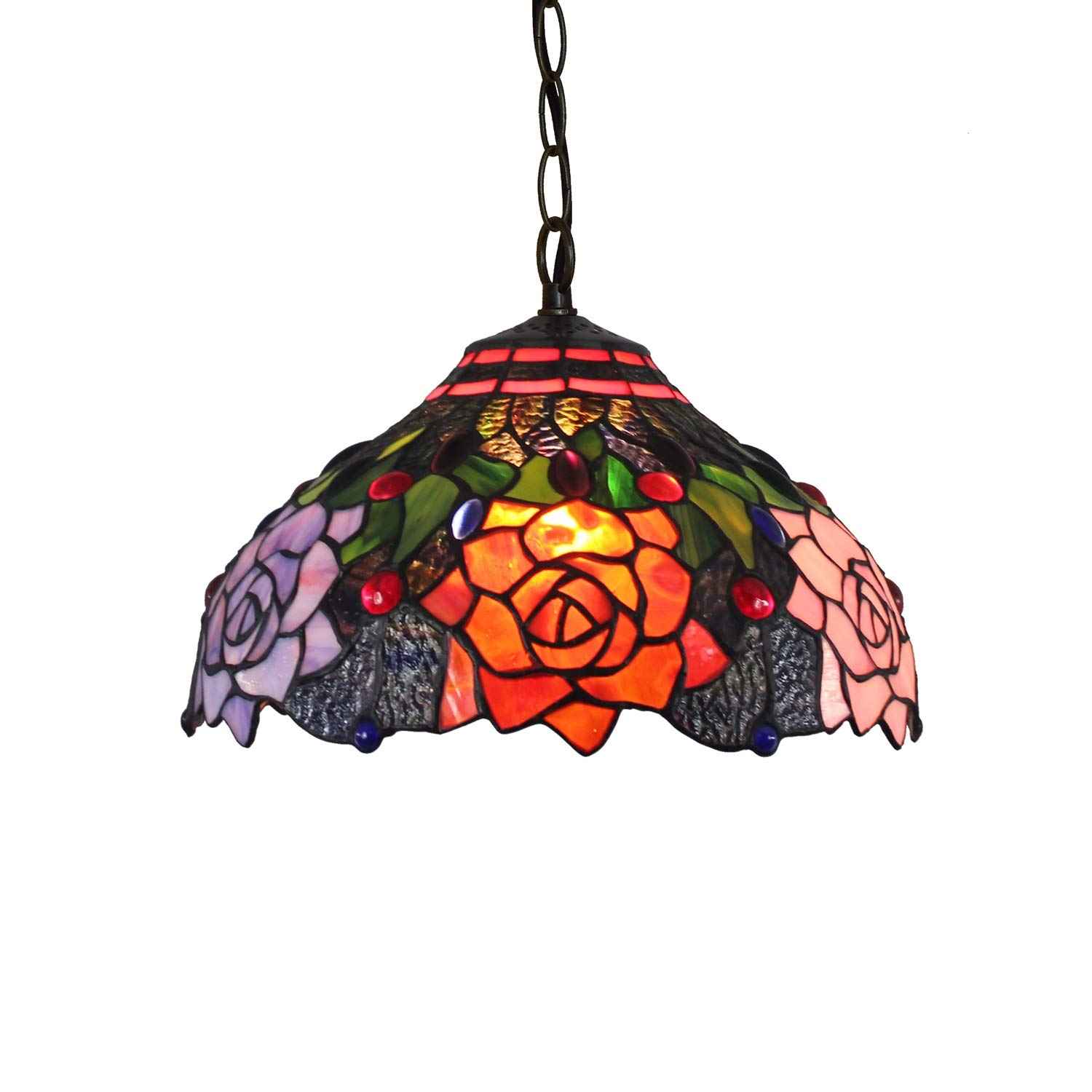 HPTHLY Ceiling Stained Glass Chandelier 12" Tiffany Pendant Lamp, Roses On Black Glass Pendant Lights Stained Glass Corridor Light Fitting For Bed Restaurant Café