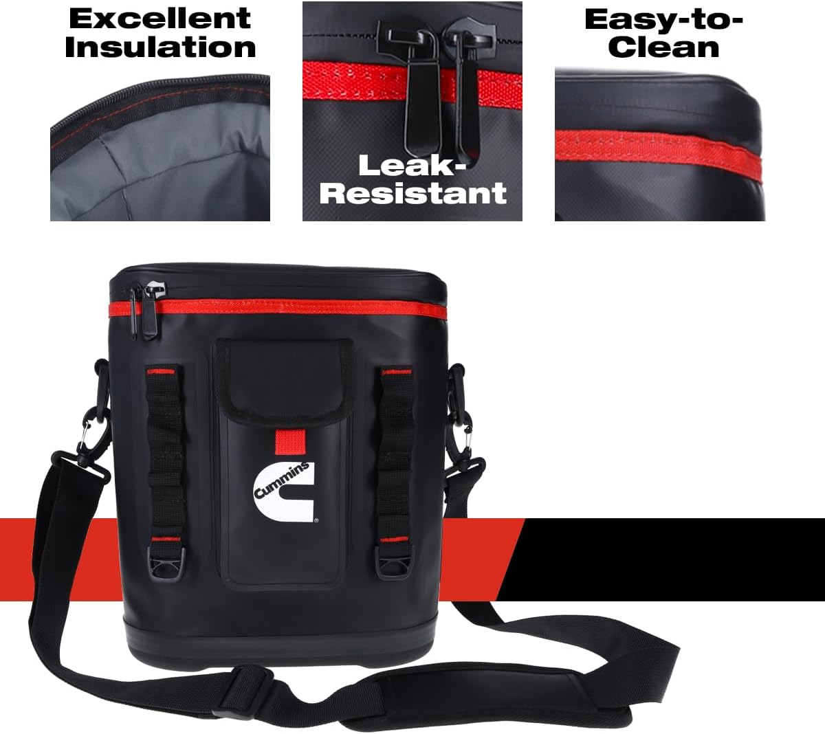 Cummins Portable Soft Cooler Bag CMN34718 12-Can Double-Laminated Insulated Cooler with Strap, 48-Hour Ice Retention Adult Insulated Thermal Bag for Work Camp Beach - Black