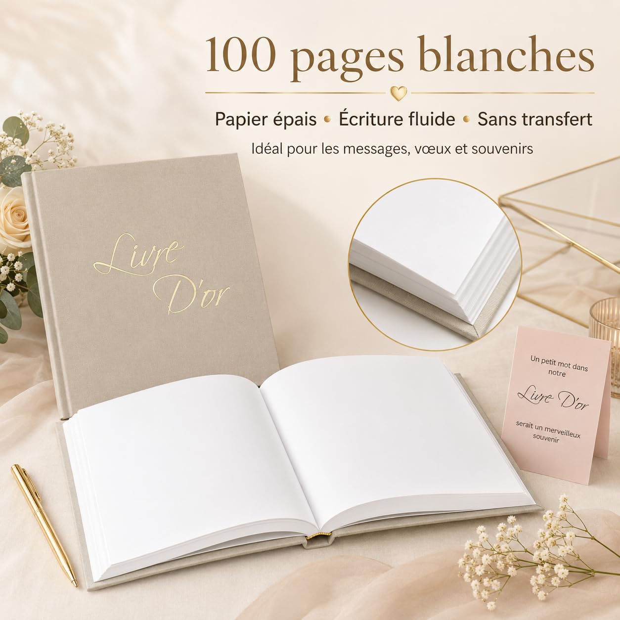Livre d'Or Lin Beige 21x21 cm 100 Pages Blanches Stylo et Affiche Mariage Anniversaire Baptême