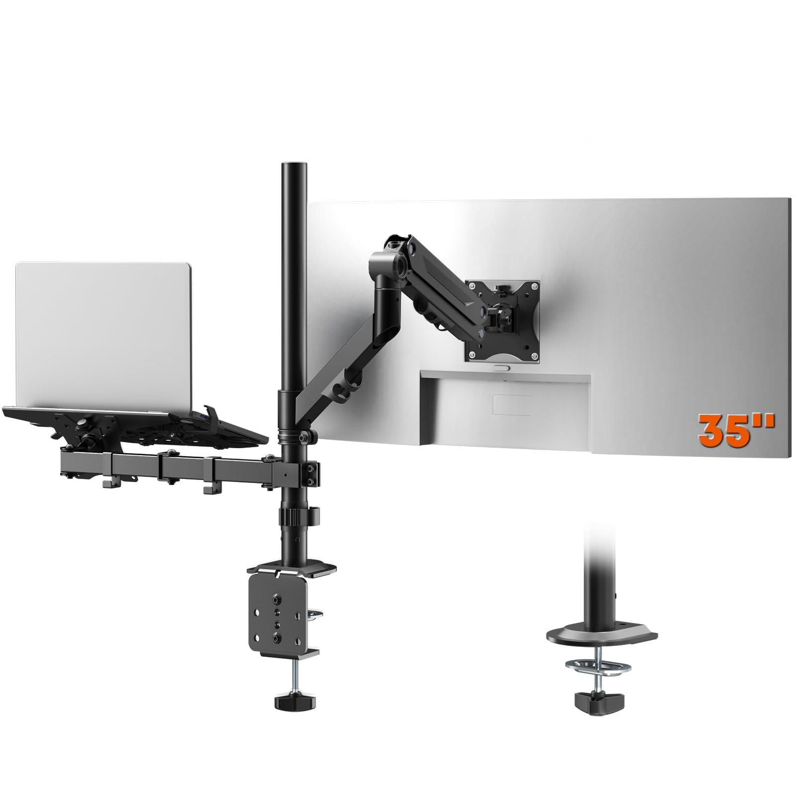 PUTORSEN Monitor Halterung mit Laptop Arm für 17-35 Zoll | Traglast 12 kg, VESA 75/100. Laptop-Arm bis 17" (5 kg). Montage per Klemme/Grommet. 5 Jahre Garantie