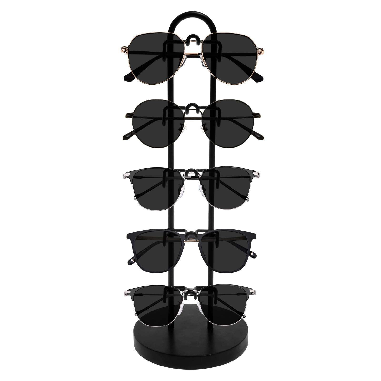 BOBASH 5-Tier Sunglasses Organizer Glasses Holder Stand, 33cm Height Metal Frame Eyewear Display Holder Rack, 11x1.5cm Round Base Tabletop Storage for 5 Pairs of Glasses Eyeglasses(black)