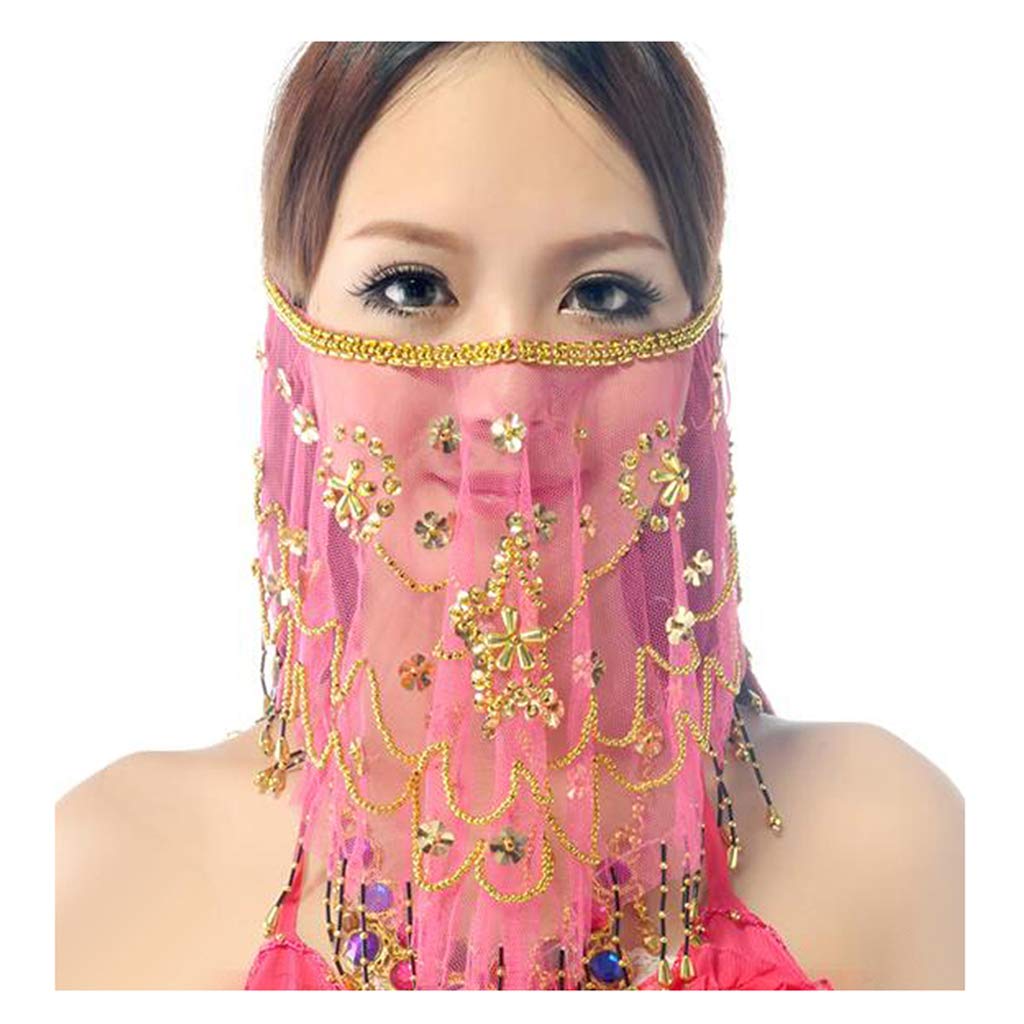 Baisdan Rose Pink Face Veils Belly Dance Costumes Mesh Face Veil With Beaded Halloween Costume Accessory (One Size, )