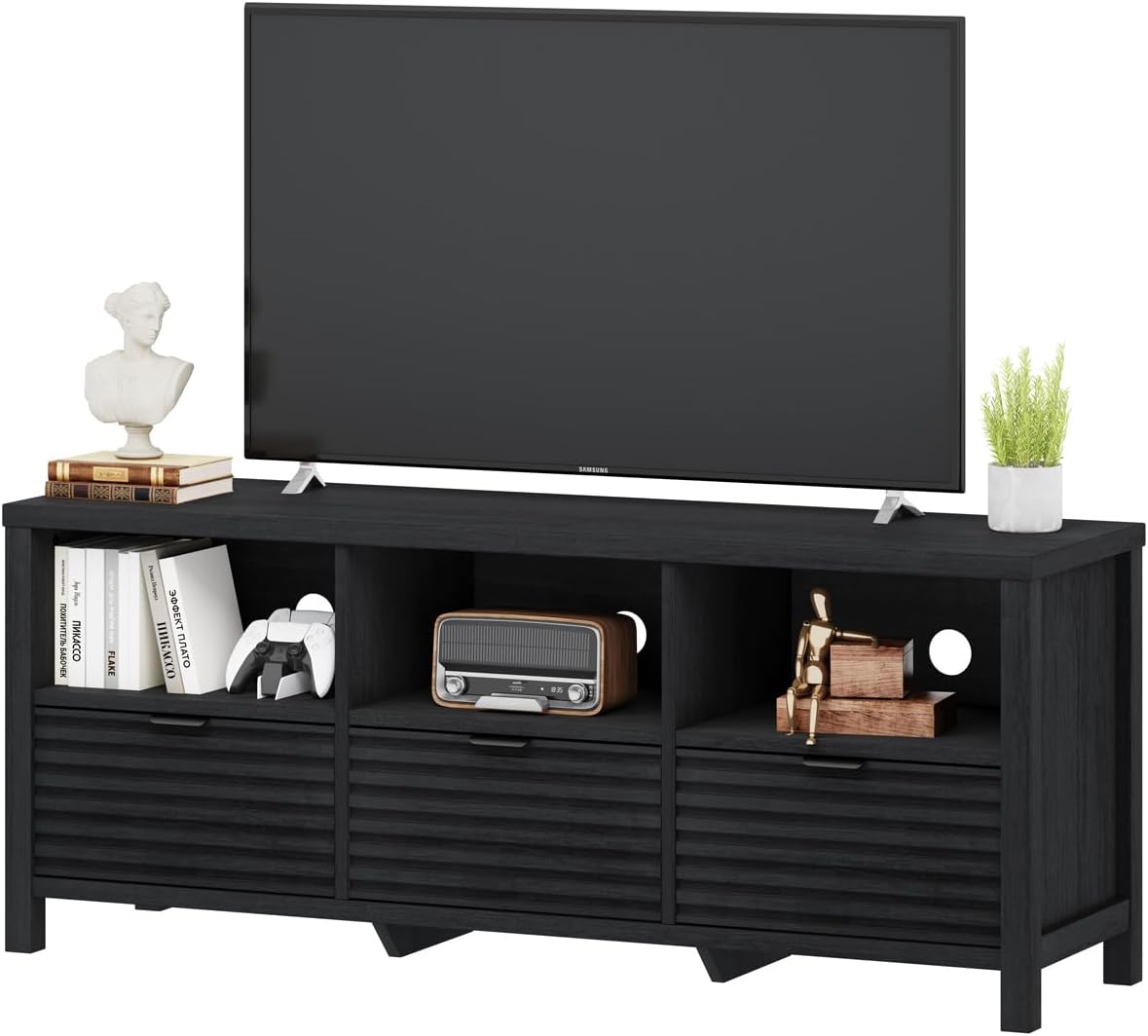 BON AUGURE Black TV Stand for 65 55 50 in TVs, Mid Century Modern Entertainment Center with Storage Drawers, Wood Television Media Console Cabinet for Living Room, Bedroom (Black Oak)