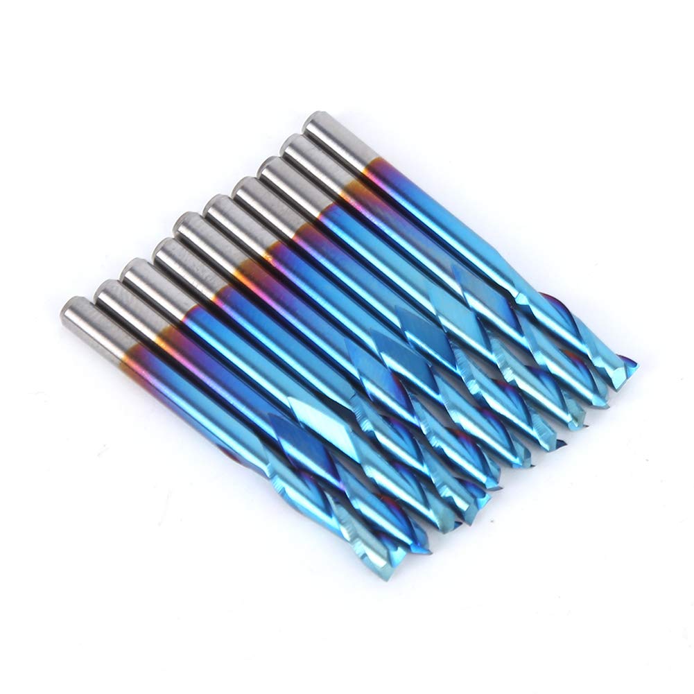 10Pcs 3.175mm Cemented Carbide Milling Cutters, 2 Flute Blue Nano Coating Flat Bottom, High Efficiency for PCB, SMT, CNC, Plastic Fiber Cutting