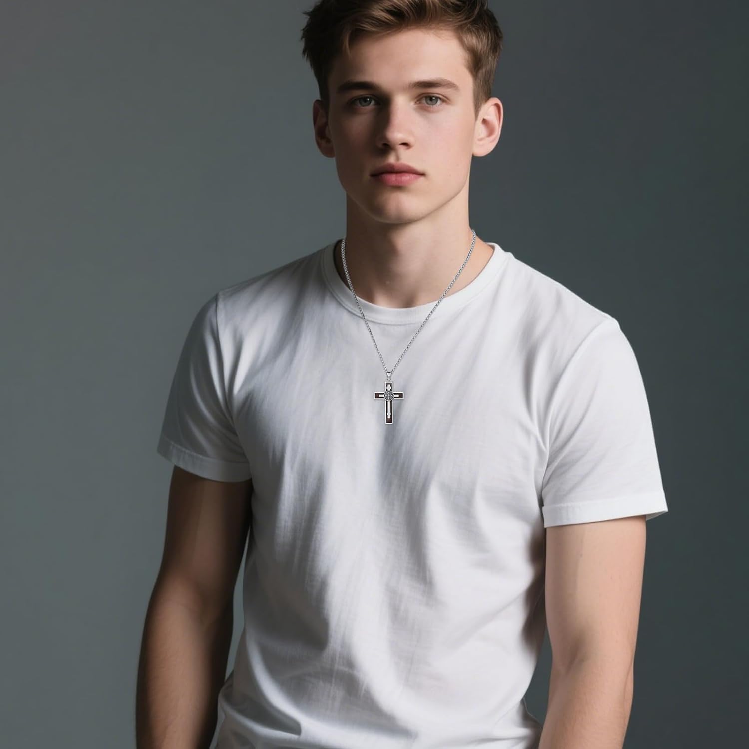 925 Sterling Silver Wooden Cross Necklace for Men Women with Stainless Steel Chain - Image 5