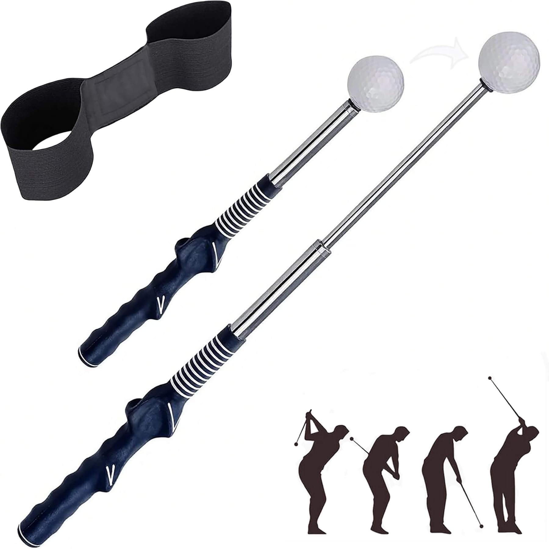 2-Piece Set Retractable Golf Training Aid and Arm Posture Correction Strap, Golf Swing Training Aid, Adjustable Golf Grip Trainer, Golf Practice Accessories for Beginners and Professionals (Navy)