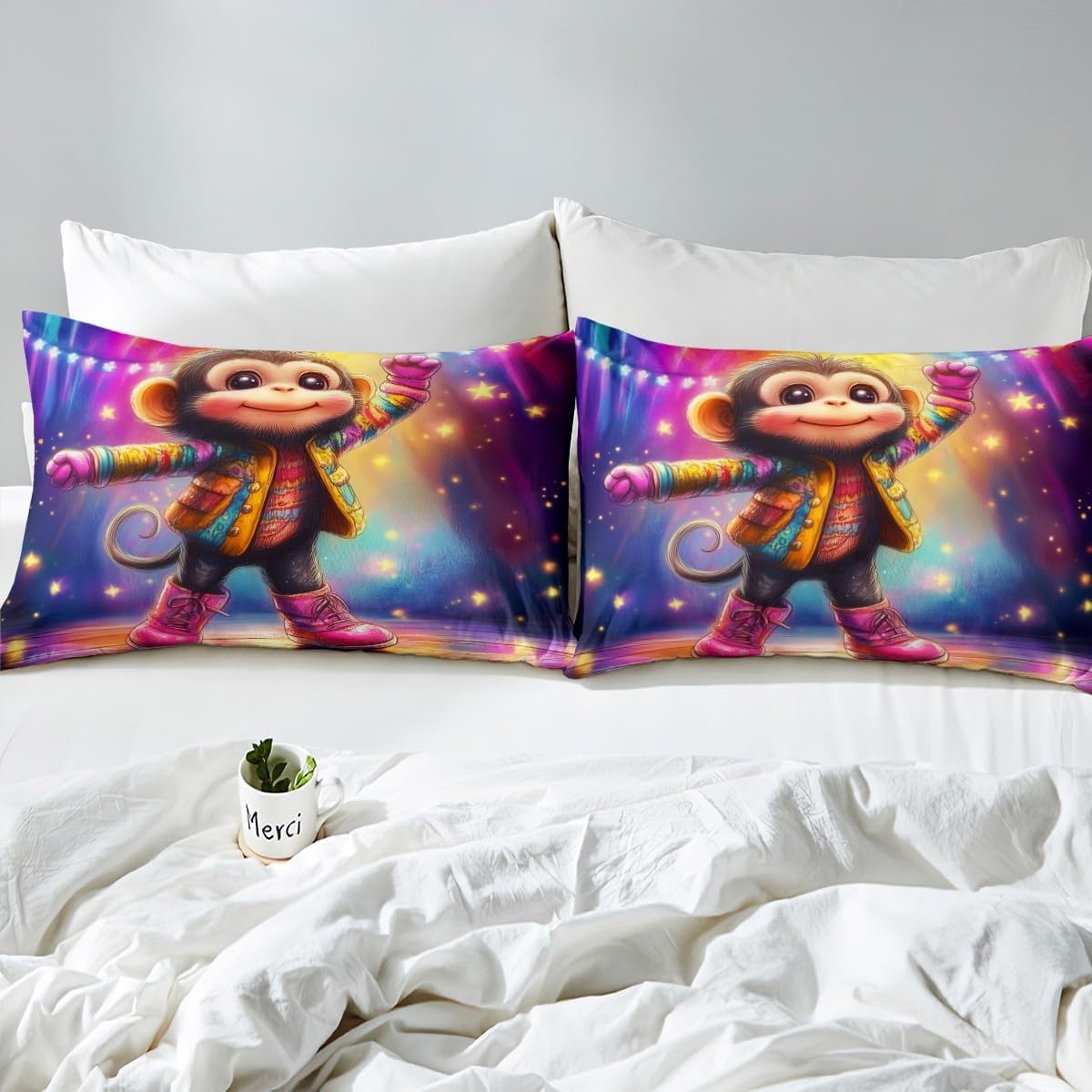 Cartoon Monkey Duvet Cover Set Toddler Size Colorful Rainbow Neon Bedding Set 2pcs for Kids Teens Tropical Animal Comforter Cover Cute Star Glitter Print Quilt Cover,1 Pillowcase(Not Comforter)