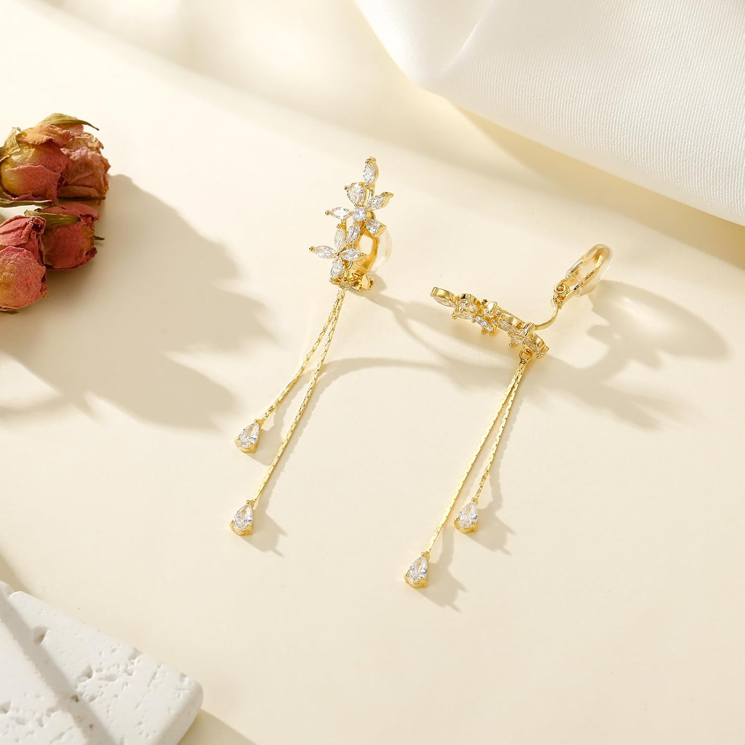 Clip on Earrings for Women Cubic Zirconia 925 Sterling Silver Plated Long Tassel Dangle Drop Clip Earrings Non Pierced Earrings for Women Jewelry Gifts Wedding Party - Image 5