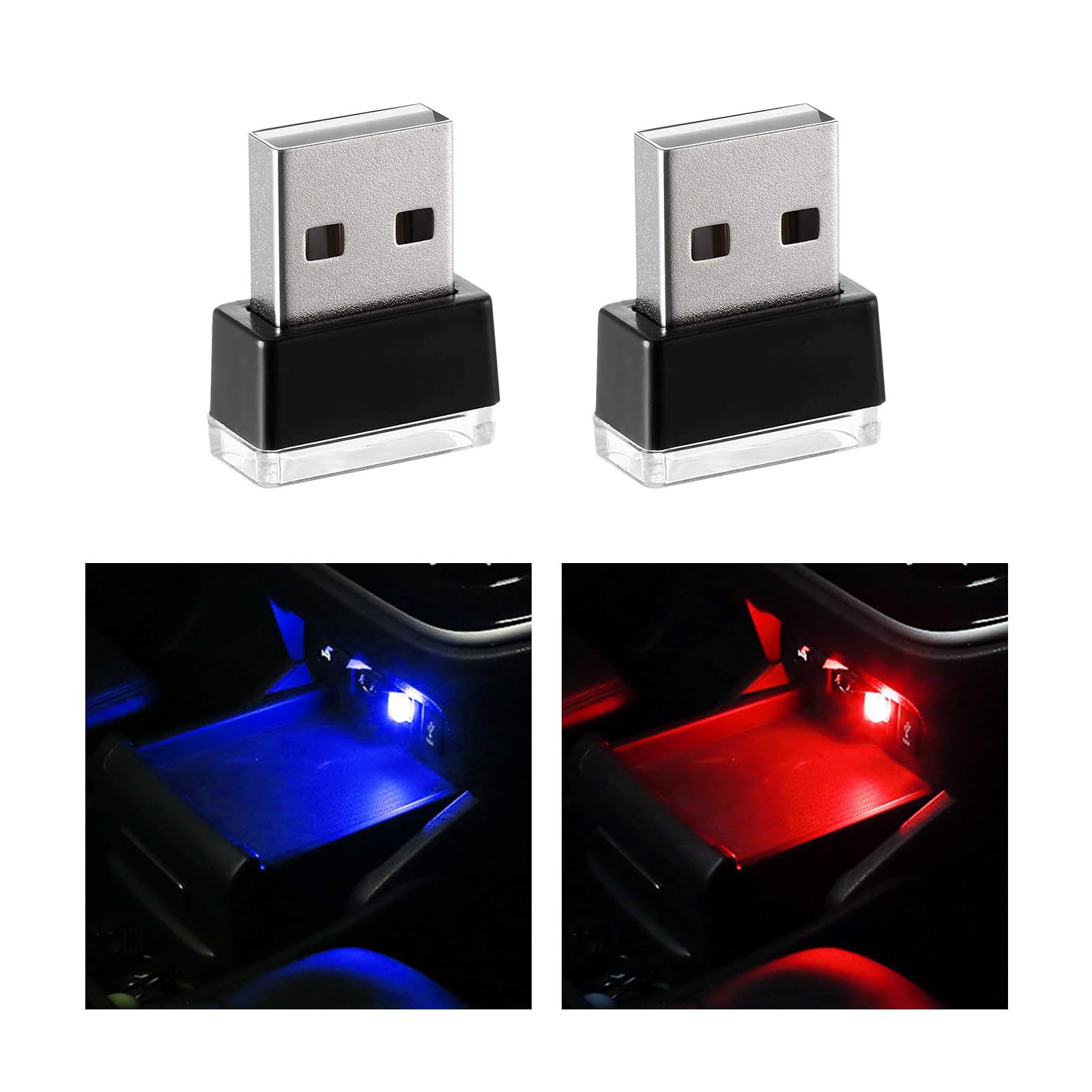 2 PCS USB LED Car Interior Atmosphere Lamp, Portable Mini LED Night Light, Plug-in USB Interface Trunk Ambient Lighting Kit, Universal Interior Car Accessories (Red+Blue)