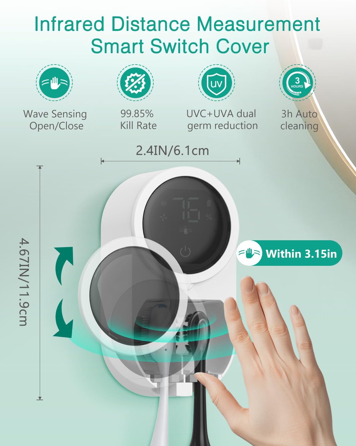 ORIA Sterilizzatore UV per Spazzolini – Mural senza Contatto | UV + Calore, Sensore Ir Auto, Display Led, Parete, Ricarica USB-C, per Bagno, Viaggio