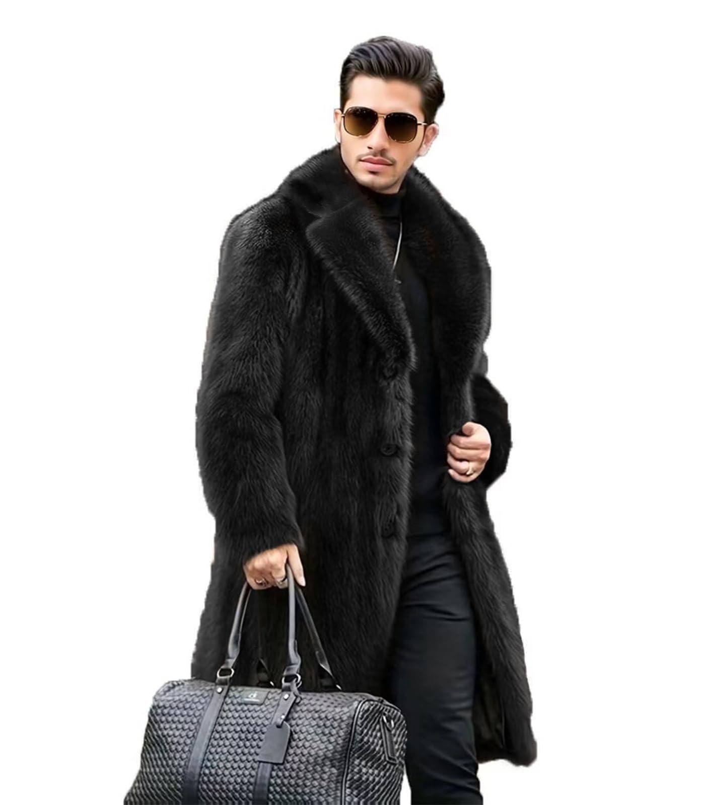 INVACHI Men's Faux Fur Coat Winter Long Faux Mink Coat Fluffy Thick Trench Coat for Men
