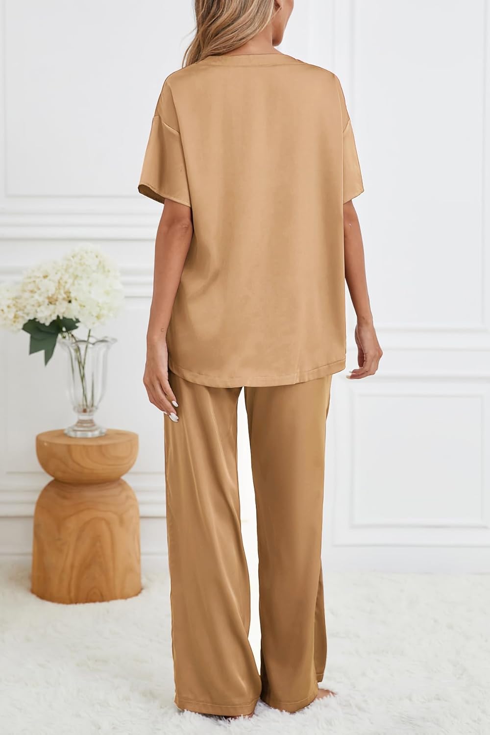 Women's Silk Satin Pajama Sets 2 Piece Short Sleeve with Long Pajama Pant Silky Sleepwear Lounge Set - Image 5