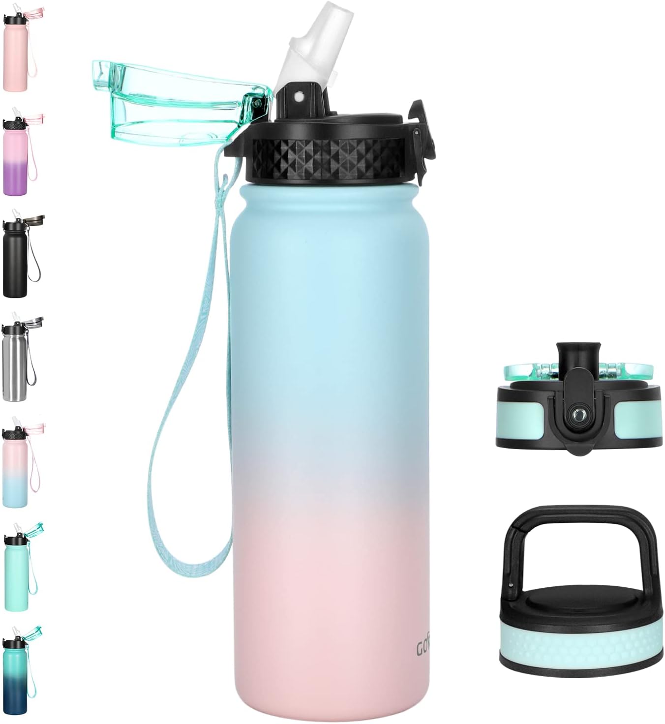 GOPPUS 600ml/20oz Stainless Water Bottle with Straw Double Wall Insulated Bottles with Strap One Hand Open Vacuum Thermal Flask Leakproof Keep Cold Bottles with Flip Top Lid BPA Free (Blue Pink)