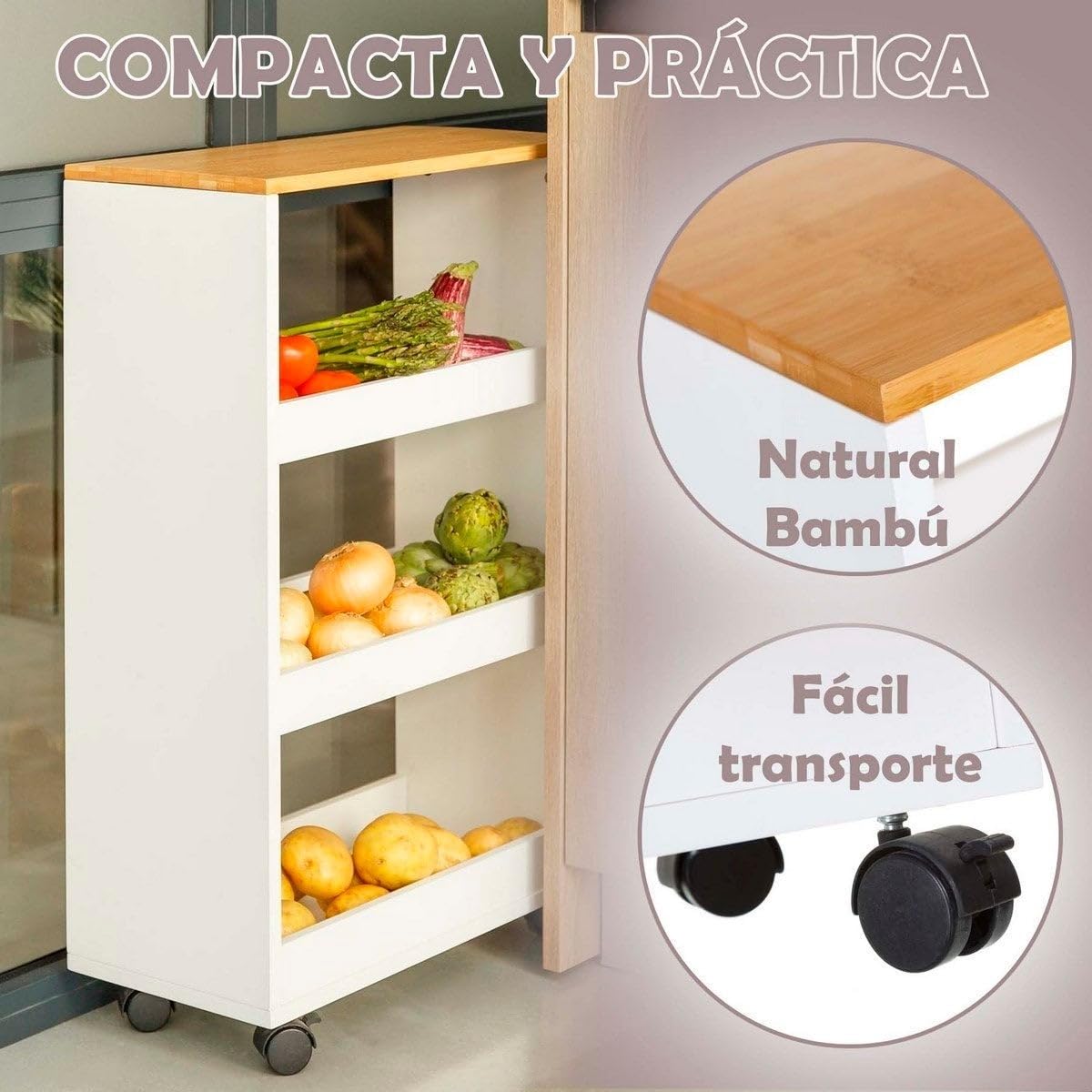 CASASELECCION - Carro estantería con Ruedas en Madera Blanco y Natural de 48x24x77 cm. Carrito Multiusos con bandejas anticaída, Ideal para organizar con Movilidad la Cocina, el baño u Oficina.