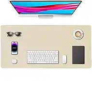 Leather Desk Pad Protector, Office Desk Mat, Large Mouse Pad, Non-Slip PU Leather Desk Blotter, Waterproof Computer Desk Writing Pad for Office and Home (Beige, 36" x 17")