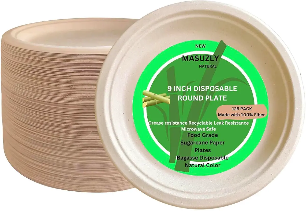 MASUZLY Disposable Paper Plate,Food Grade Sugarcane Bagasse, 9&#34; inch,125, Bamboo,All Natural Color,Heavy &amp; Sturdier, Compostable Bio-Degradable 100% Fiber Pulp Eco-Friendly Earth (PFAS-FREE)