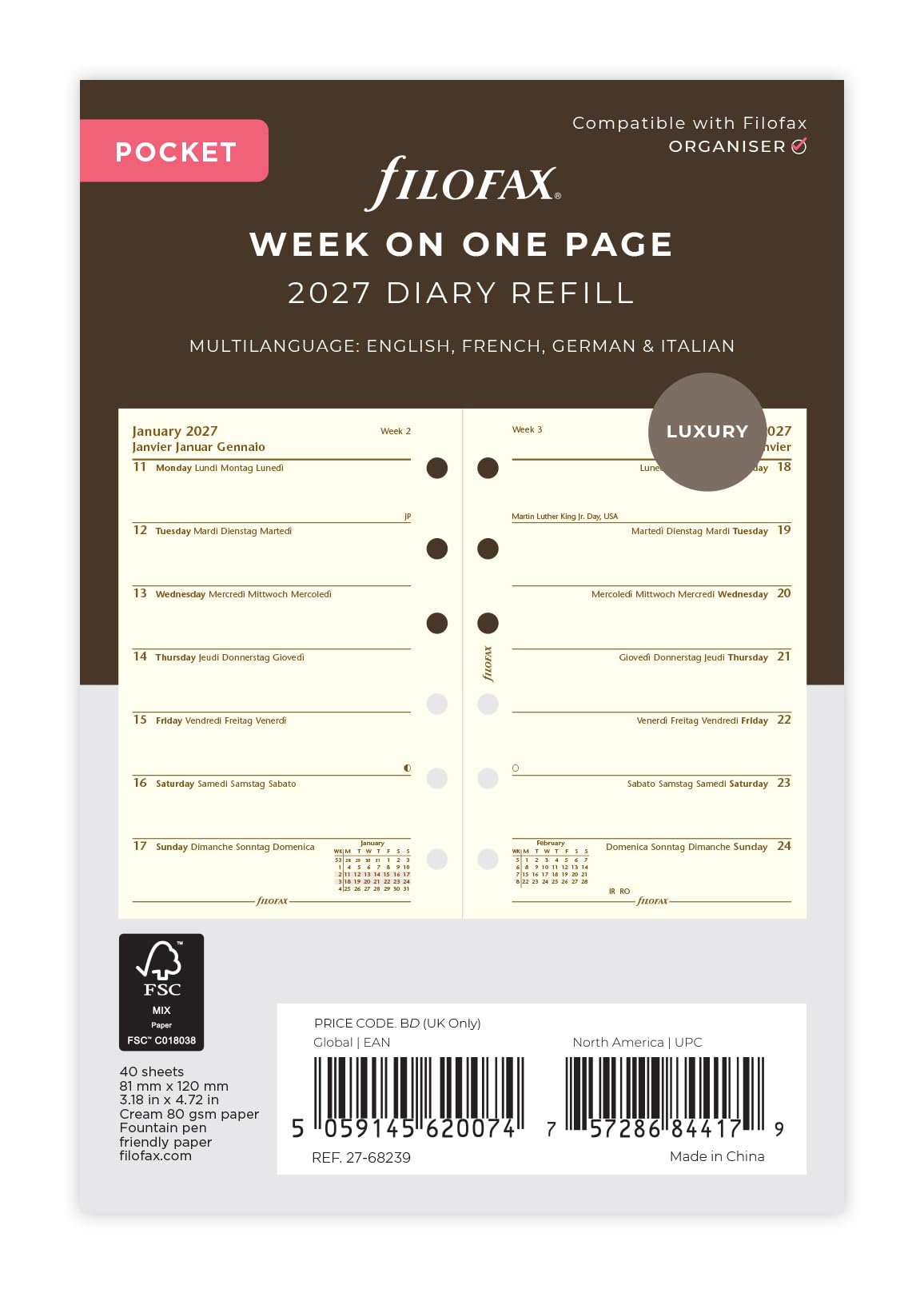 Filofax Pocket Week per page 4 language cotton cream 2027 diary 27-68239