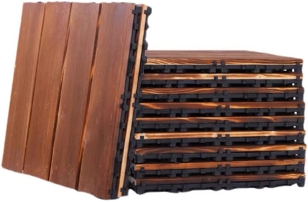 Pine DIY Interlocking Decorative Floor Tile, Carbon Burned Oiled Anti-Corrosion Waterproof 12" x 12" (Pack of 10) Suitable for Indoor Bathroom & Outdoor Patio, Pool, Aisle Use