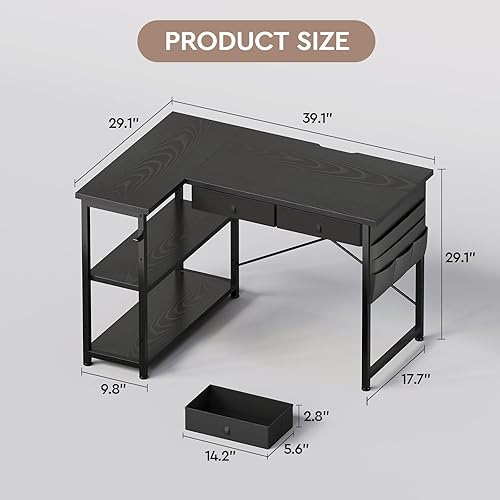 Miniatura 3 de Maihail - Escritorio de oficina en casa con estantes de cajones, escritorio de esquina para computadora de 39 pulgadas para espacio pequeño,