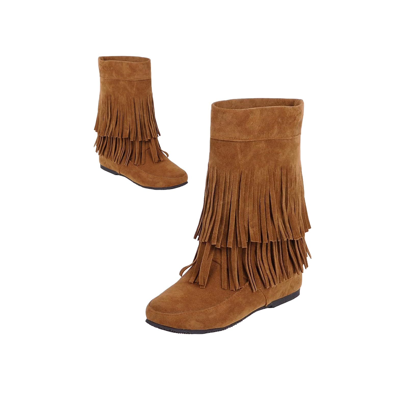 Womens Suede Fringe Boots - Vintage 2-Layer Fringe Suede Mid-Calf Boots Fall Round Toe Hidden Height Lifting High