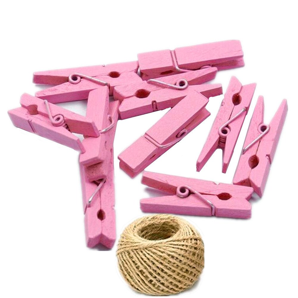 Zhiheng Pink 100 Colored Wooden Mini Pegs Clothespins Craft Photo Clips With 20 Meters Jute Twine For Craft Rustic Decoration (Pink)