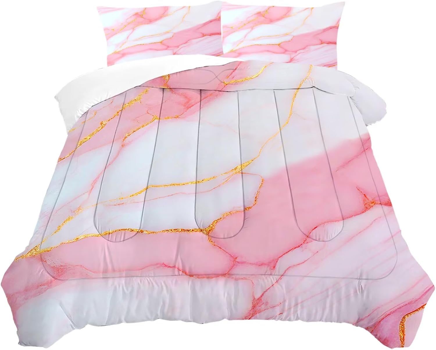 Marble Comforter Set: Pale Pink Chic Bedding Sets Full Size for Girls Teens Women Gold Glitter Luxury Marbling Texture Quilt 1 Comforter + 2 Pillow Cases