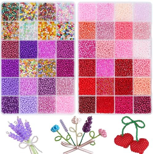 JOJOPLAY 3mm 8/0 Glass Seed Beads for Jewelry Making Small Glass Beads Kit Red&Purple Collections for Bracelets Earrings Necklaces DIY Crafts & Decorative 48 Vibrant Colors 12000pcs/2 Boxes
