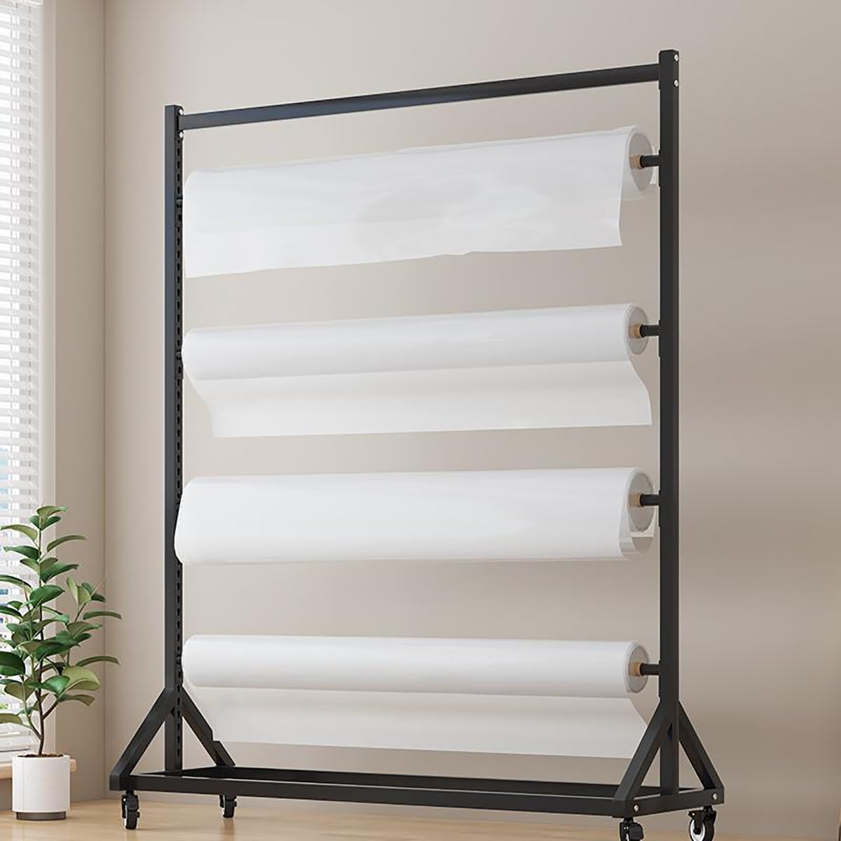 Supporto per rotoli di tessuto commerciale, supporto organizer in acciaio resistente con rulli a 360° e asta di sospensione regolabile, espositore per rotoli di vinile, tovaglie(6T,186cm)