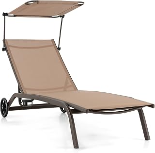 GOPLUS Gartenliege, Sonnenliege mit Dach, Liegestuhl Garten mit Rollen & Getränkehalter, Rücklehne 6 stufig verstellbar, Gartenliege wetterfest, bis 150kg belastbar, 165 x 61 x 96cm (Braun)
