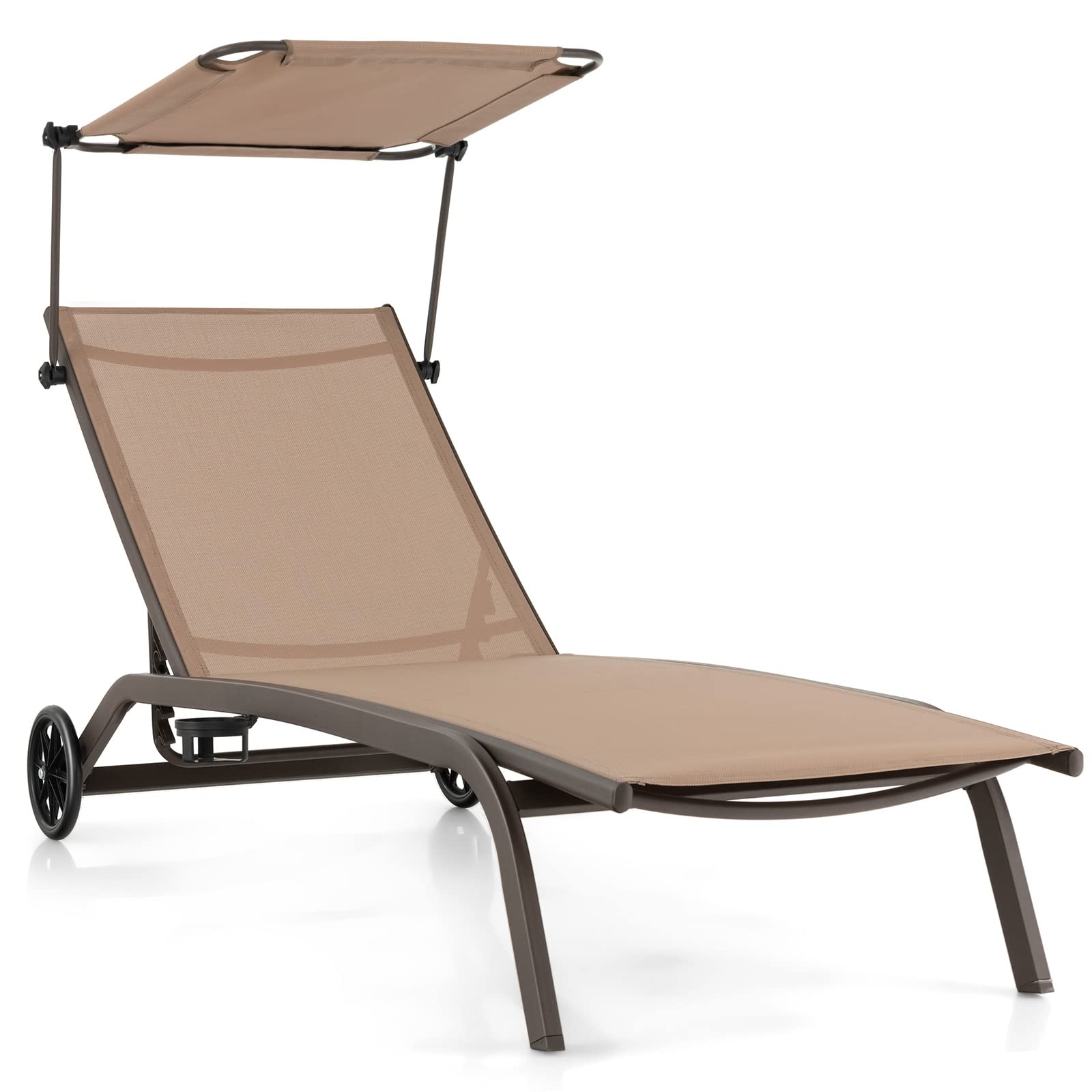 GOPLUS Gartenliege, Sonnenliege mit Dach, Liegestuhl Garten mit Rollen & Getränkehalter, Rücklehne 6 stufig verstellbar, Gartenliege wetterfest, bis 150kg belastbar, 165 x 61 x 96cm (Braun)