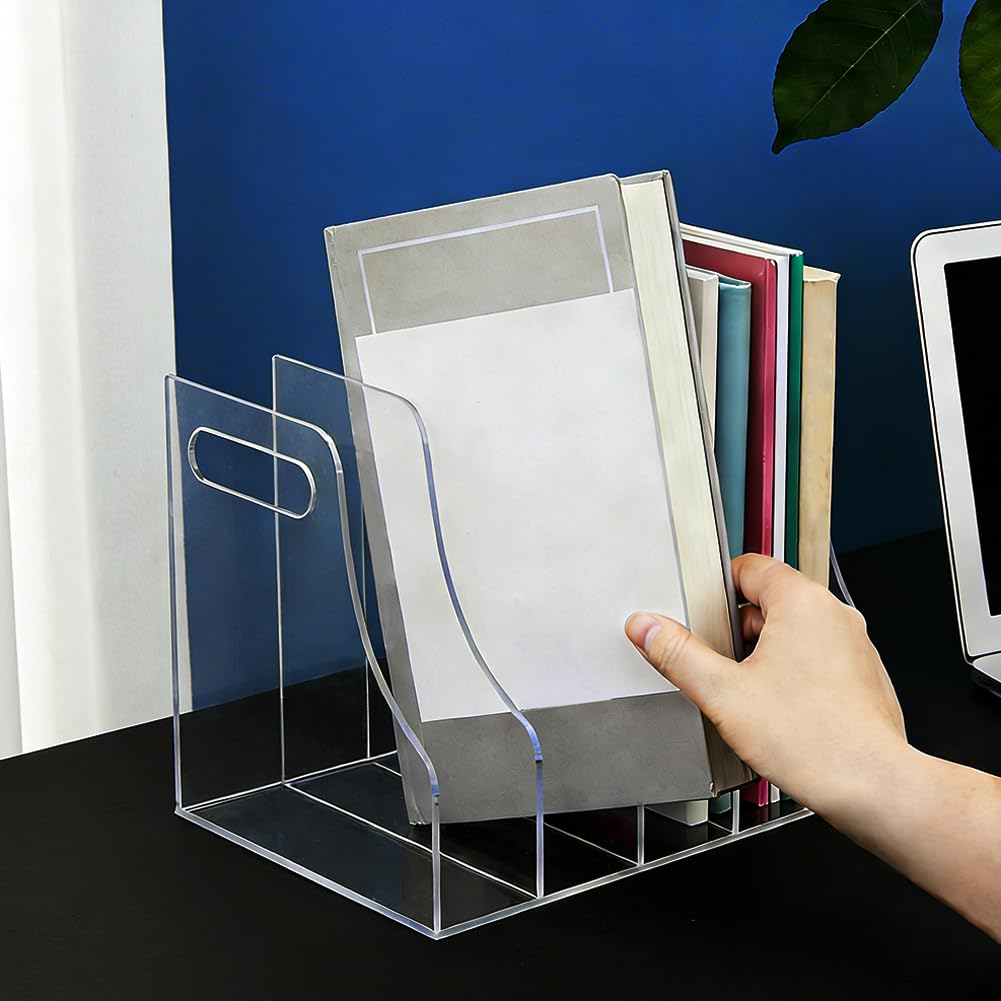 Organizador de escritorio de acrílico transparente PH PandaHall 4 compartimentos verticales para archivos y libros