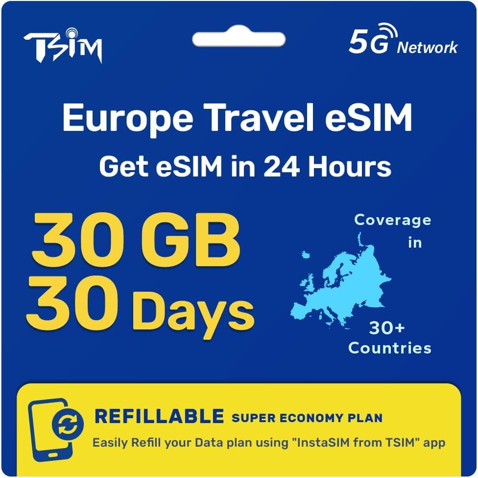 Europe eSIM Card for iPhone 30 Day 30GB for 36 Countries | Get eSIM in 24 Hours | High Coverage Multi-Operator 5G | Auto-Activating | Hotspot Allowed | Data Only