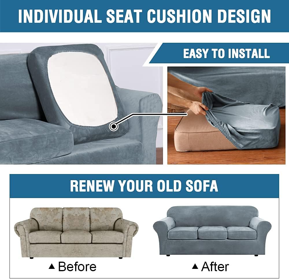 H.VERSAILTEX Velvet Plush Armchair Cover Bundles Sofa Cover for 3 Cushion Couch, Furniture Protector, Ultra Soft, Removable and Washable, Stone Blue
