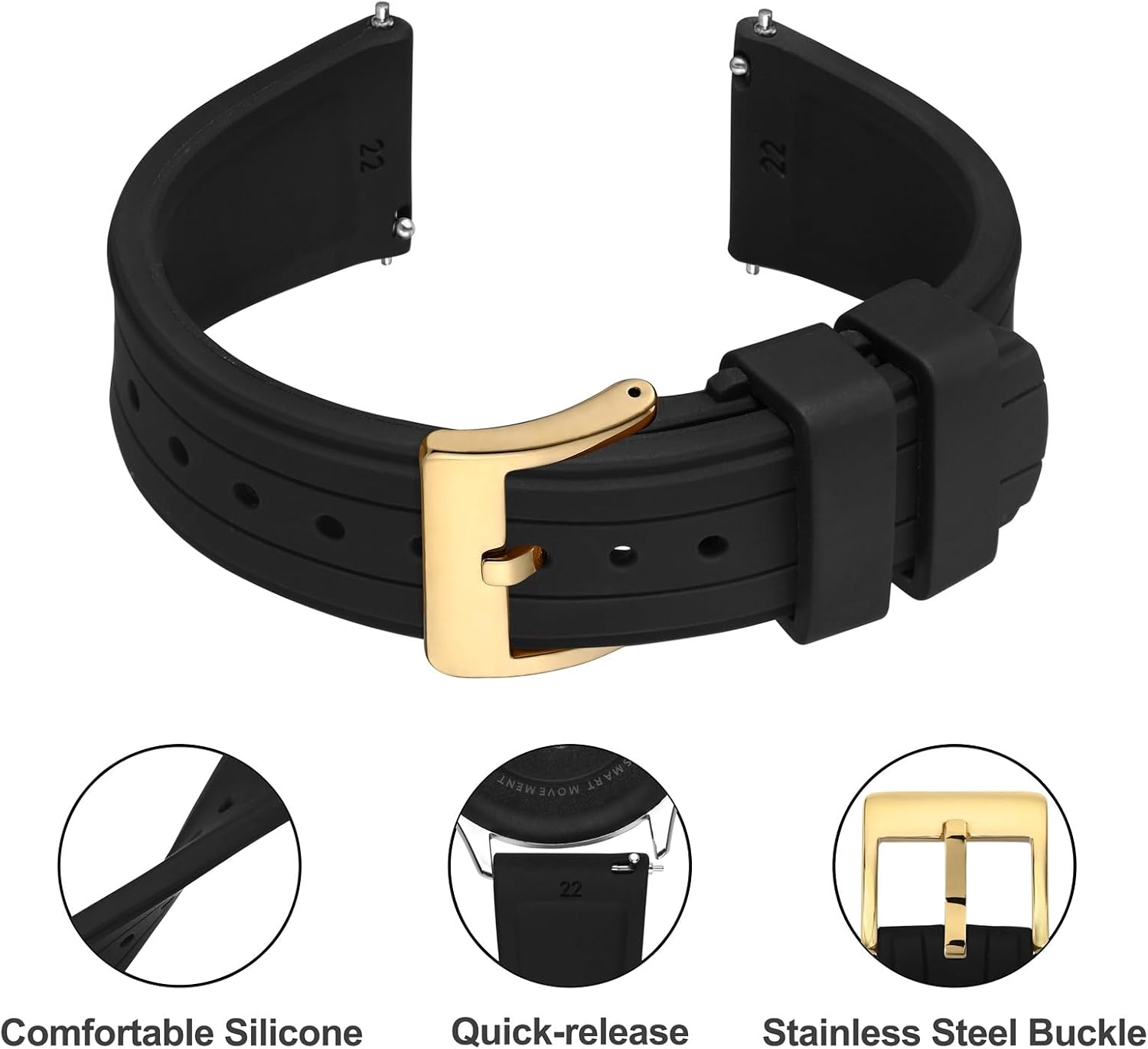 Ayadoo 24mm Sporty Silicone Watch Band, Quick Release Replacement, Black Watch Strap with Gold Buckle for Men Women