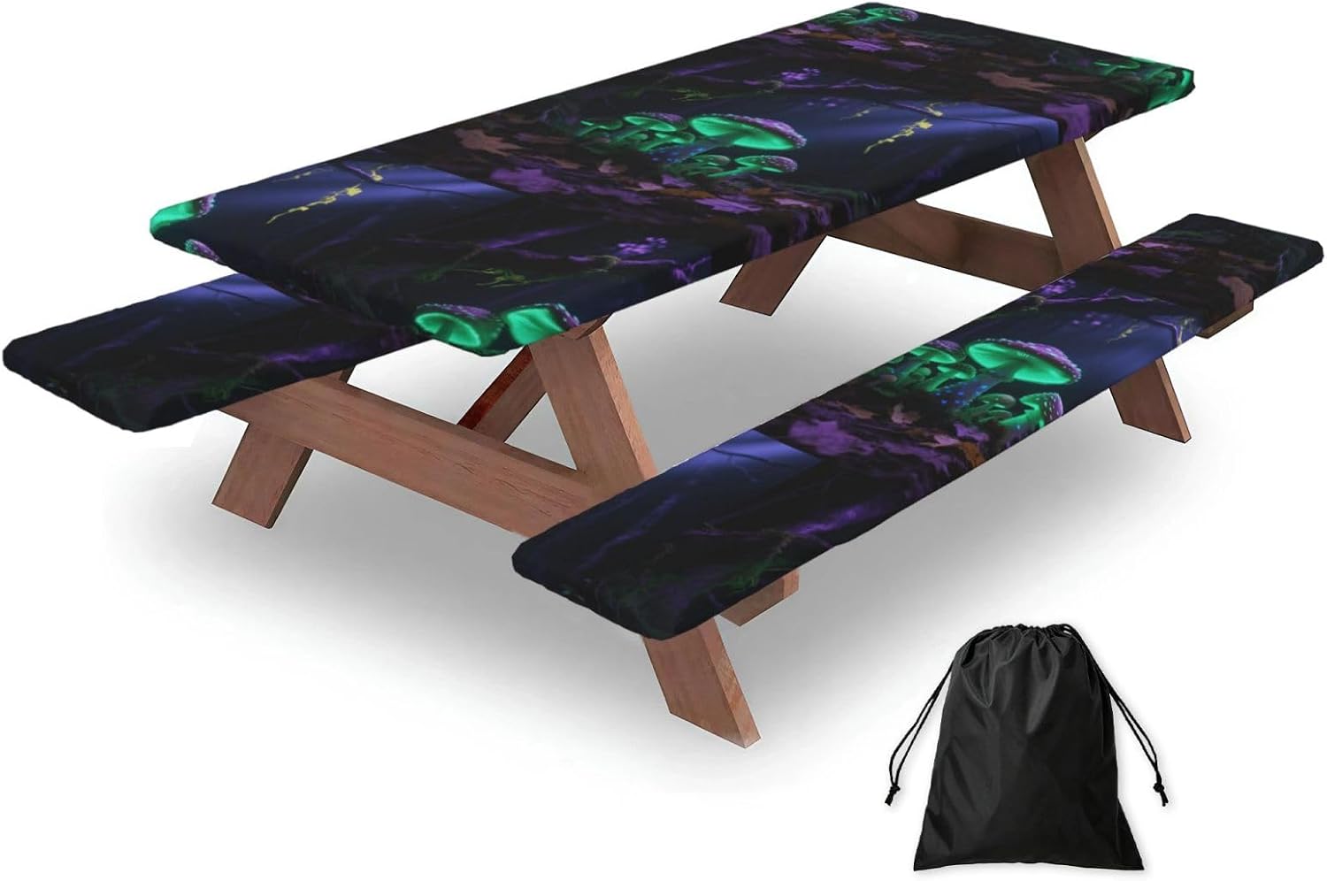 Mushroom Picnic Table Cover With Bench Covers And Bag, Windproof Waterproof Rectangle Tablecloth With Elastic Edges Fitted Camping Table Covers Portable Camping Accessories For Picnic Party Travel
