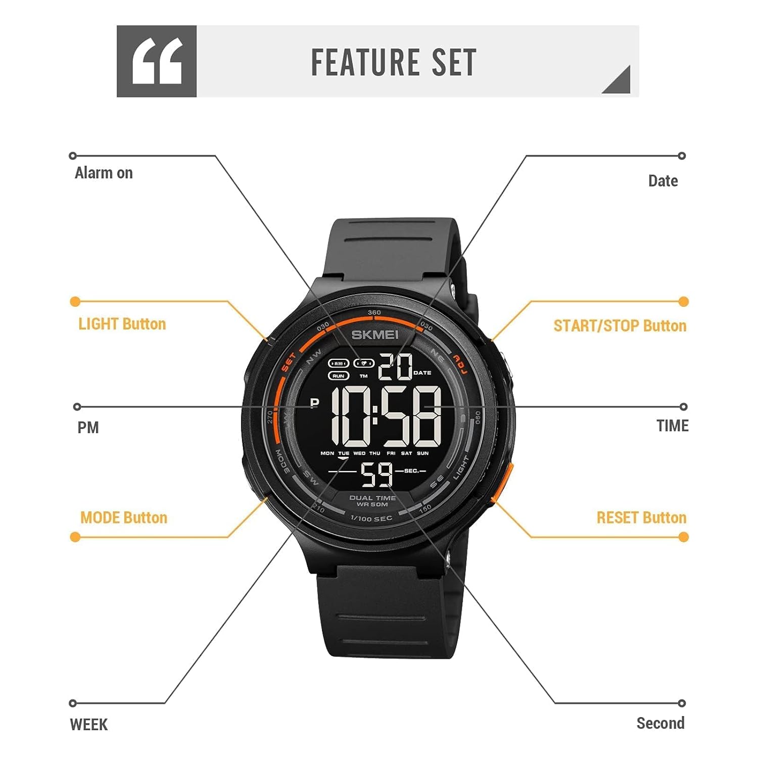 SKMEI Model 1841 Watch Feature Set with Button Labels