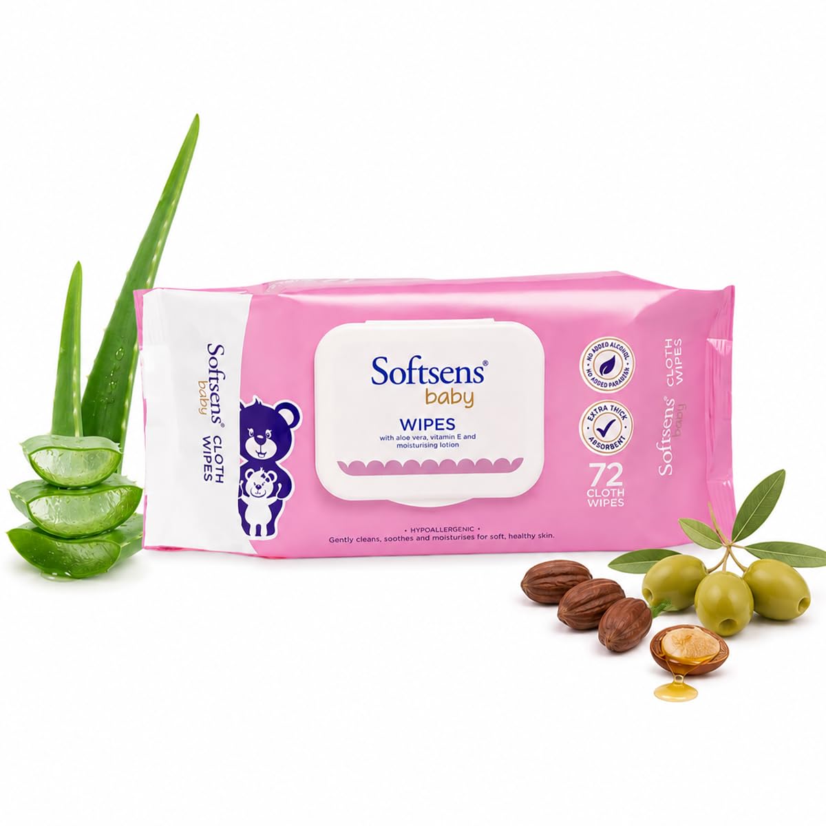 Softsens Baby Gentle Cloth Wipes for Baby Skin Enriched with Aloe Vera & Vitamin E I Dermatologically Tested & Parben Free with Lid - 72 wipes-image-38