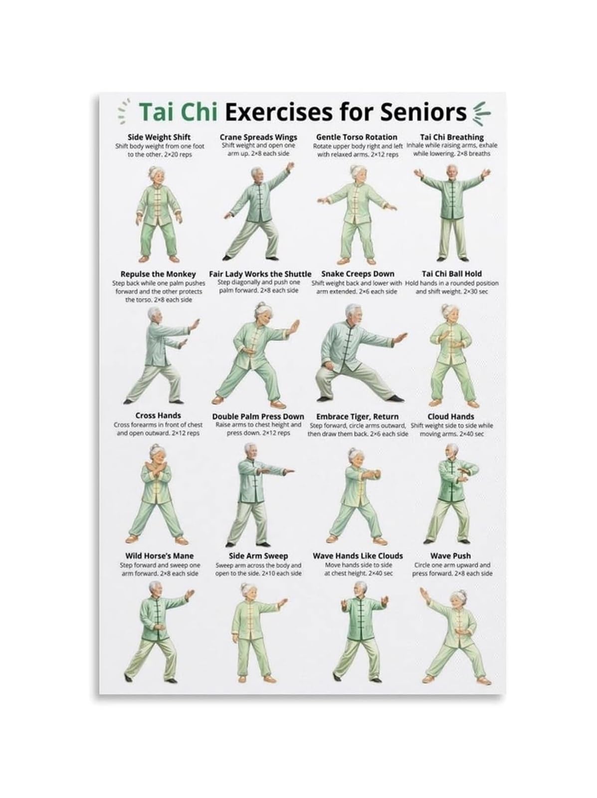 PKNVKZIDK Easy Tai Chi Poses Metal Sign for Seniors Step by Step Exercise Chart for Home Practice and Wellness 8 X 12 in