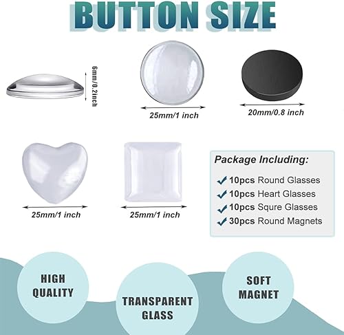 Miniatura 2 de Juego de 60 imanes para nevera, redondoscorazóncuadrados, cabujones de vidrio transparente e imanes adhesivos para nevera para manualidades, nevera,