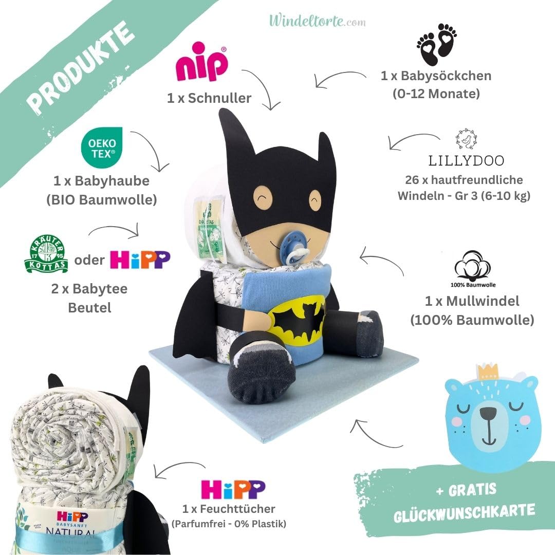 Batbaby [Superhelden Fangeschenk]- Geschenk zur Geburt - Babyparty - Baby - Babyshower - Pullerparty - Jetzt Torte kaufen (Blau/Junge)