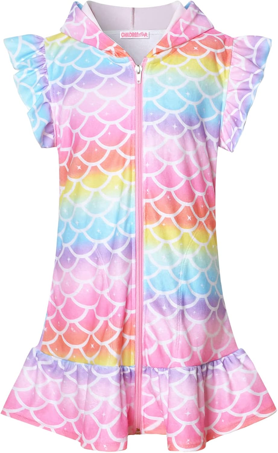 CHILDRENSTAR Girls Swim Coverups Terry Swimsuit Coverup Zip-Up Beach Flutter Sleeve Robe