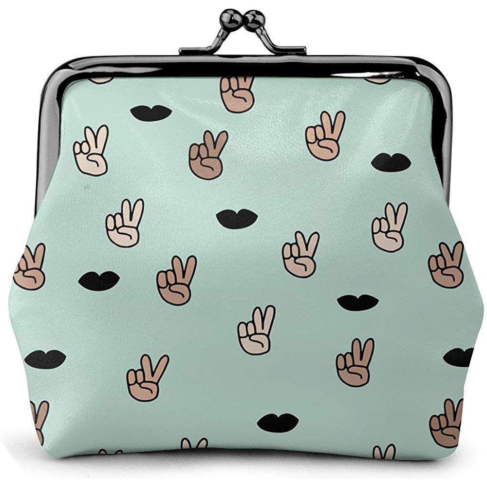 Cute Green Victory Sign V Lips Vintage Pouch Girl Kiss-Lock Change Purse Wallets Buckle Leather Coin Purses