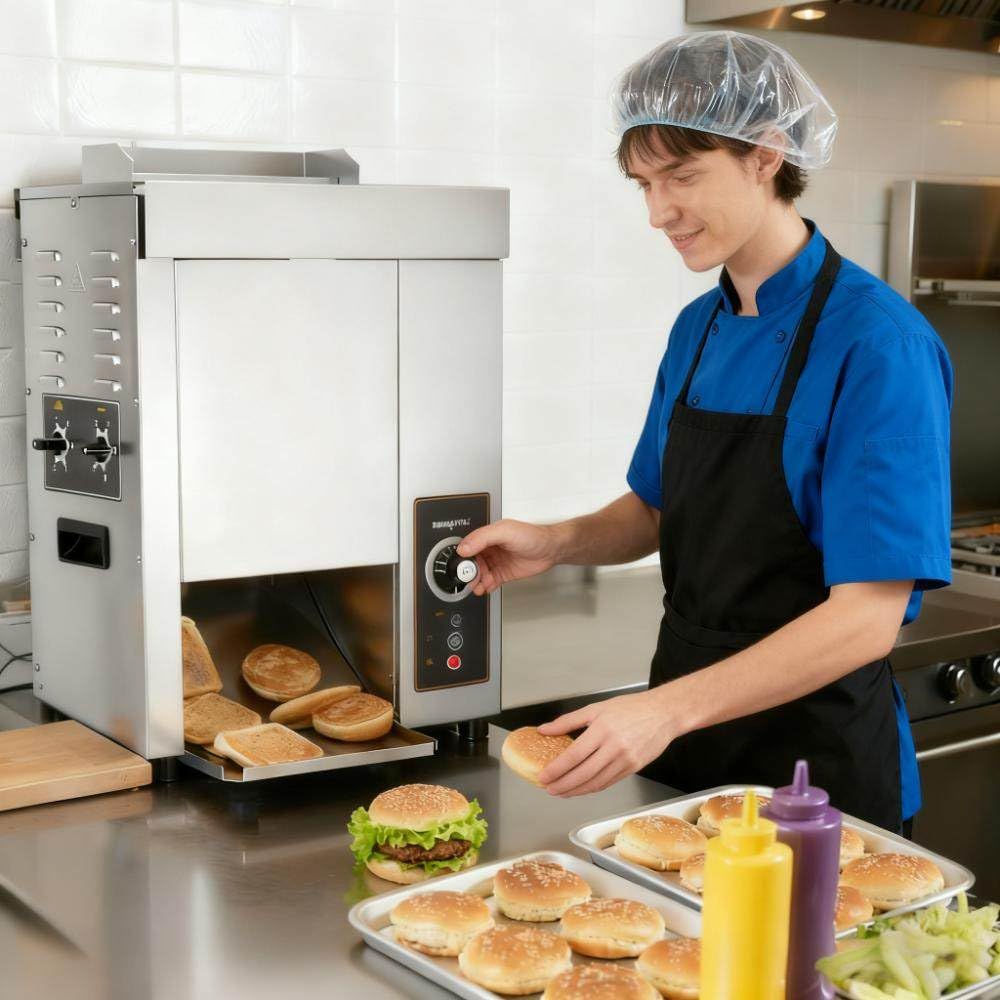 Maszyna do hamburgerów, 2000 W, 220 V, opiekacz łańcuchowy, regulacja temperatury (50-300°C) za pomocą pokrętła/import dwurzędowy/regulacja grubości/taca ze stali nierdzewnej